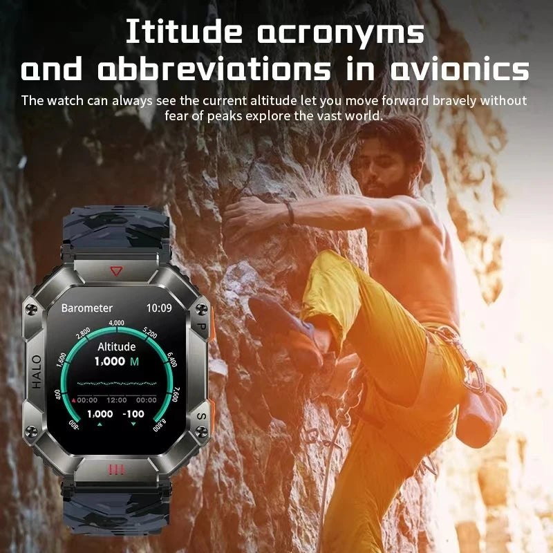 Military Outdoor Men's Smart Watch-Compass-GPS Tracker- AI Voice 100+ Sports Modes